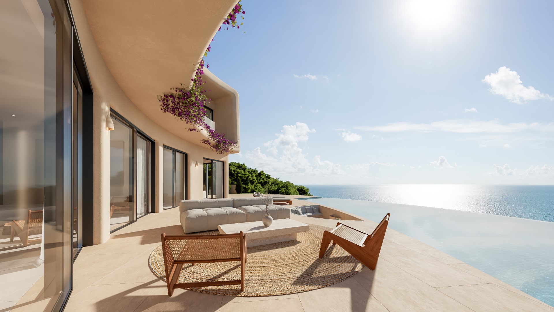 Hoofdterras met infinity pool en panoramisch zeezicht. Design buitenmeubilair op een jute tapijt onder organische architecturale lijnen met bougainville.