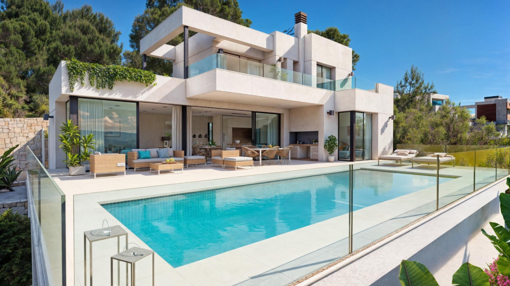 Moderne villa met een zwembad van 9x4m, ruime terrassen en een buitenkeuken, gekenmerkt door strakke architectuur en grote glazen schuifpuien.