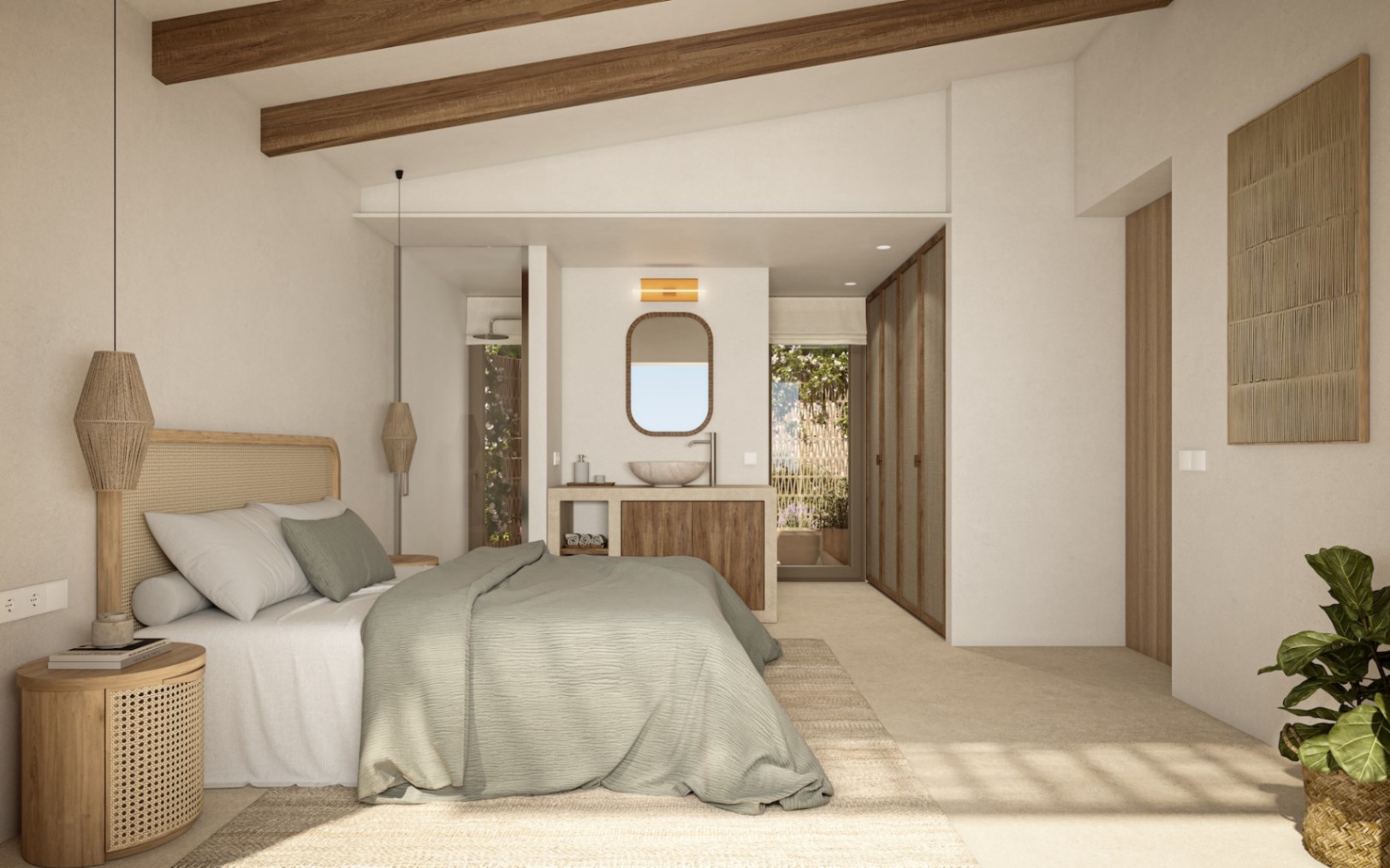Master suite met zichtbare houten balken, geïntegreerd wastafelmeubel met stenen kom en op maat gemaakte kasten met natuurlijke texturen.