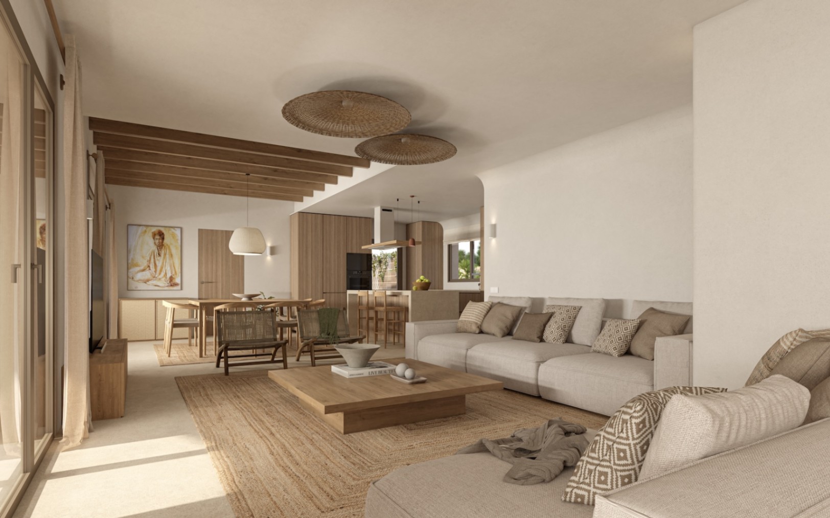 Open woonkamer met houten balkenplafond, meubilair in neutrale tinten, natuurlijke vezeltapijten en een geïntegreerde keuken met kookeiland.