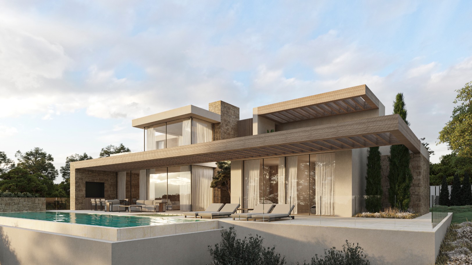 Achteraanzicht van de villa met overloopzwembad, ruime stenen terrassen en houten pergola's. Het ontwerp combineert natuurstenen muren met kamerhoge glazen puien.