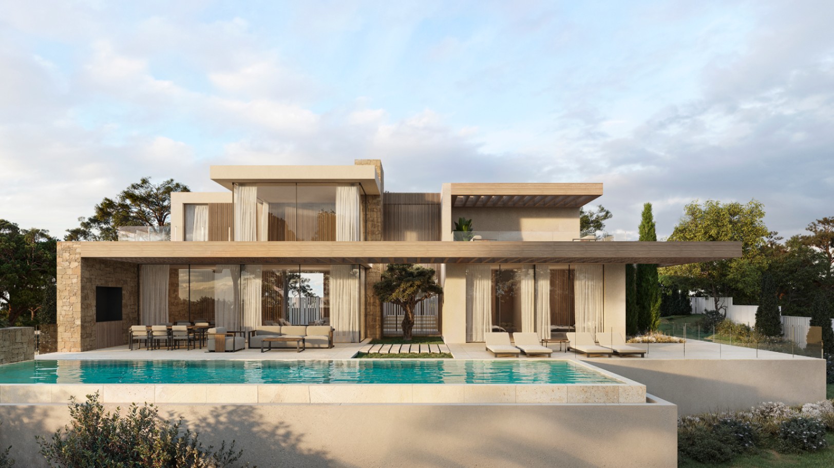 Exterieur van de villa met overloopzwembad, ruime terrassen met houten pergola's en een gevel die natuursteen combineert met kamerhoge glaspartijen.