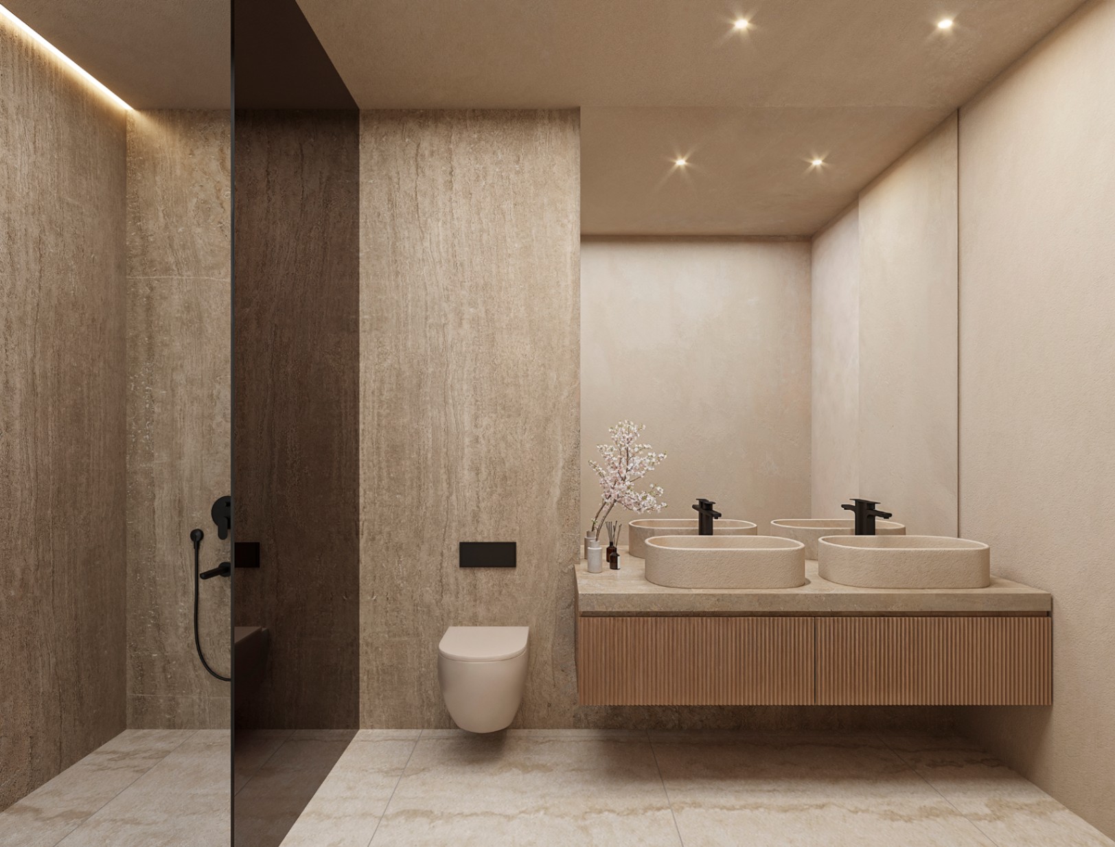 Moderne badkamer met dubbele stenen wastafel, matzwarte kranen en natuurstenen wanden. Voorzien van een hangend toilet en een inloopdouche met glazen wand.