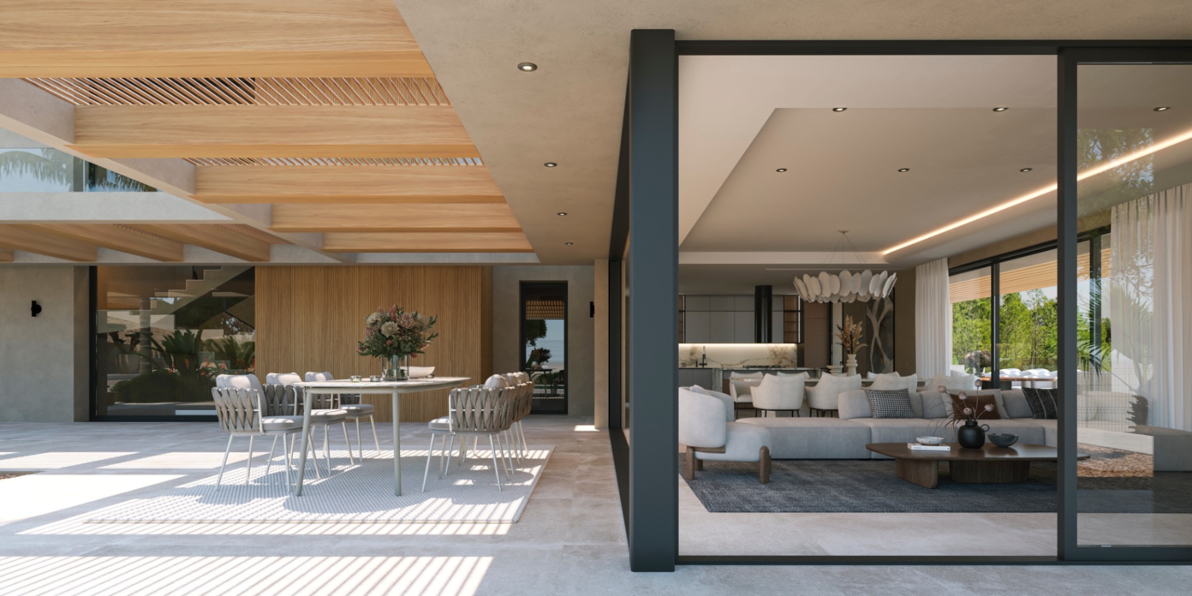 Buitenterras met houten pergola en eethoek, naadloos verbonden met de open woonkamer en designkeuken via grote glazen schuifdeuren.