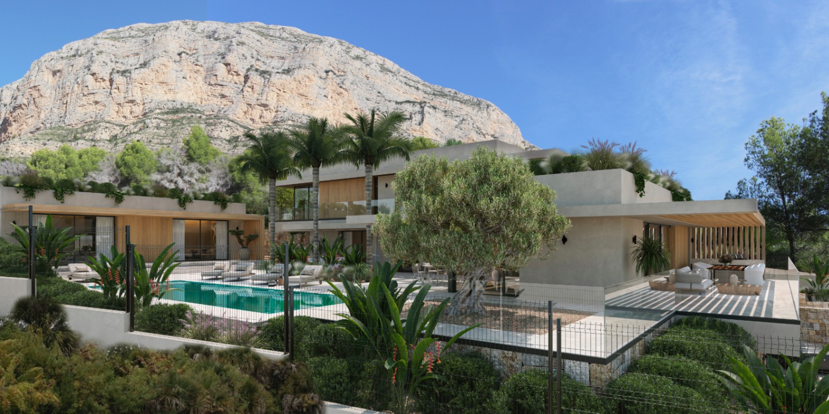 Exterieur van de moderne villa met zwembad en mediterrane tuin, gelegen op een ruim perceel aan de voet van de indrukwekkende Montgó.