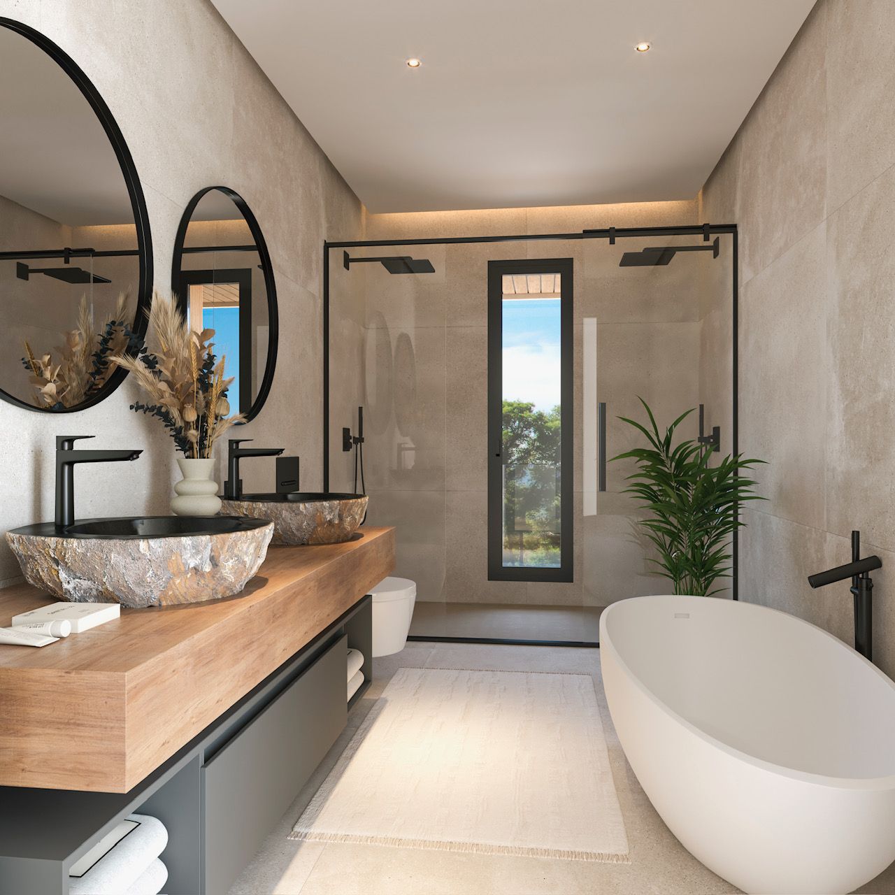 Luxe badkamer met natuurstenen waskommen op een houten blad, een vrijstaand ligbad en een inloopdouche met stijlvolle zwarte kranen.