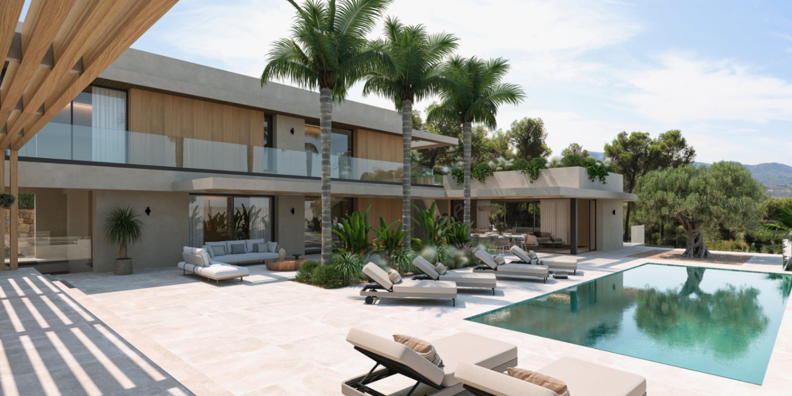Moderne villa met zwembad, licht stenen terras en tuin met palmbomen. De gevel combineert beton met houten accenten en grote glaspartijen voor een naadloze binnen-buiten beleving.