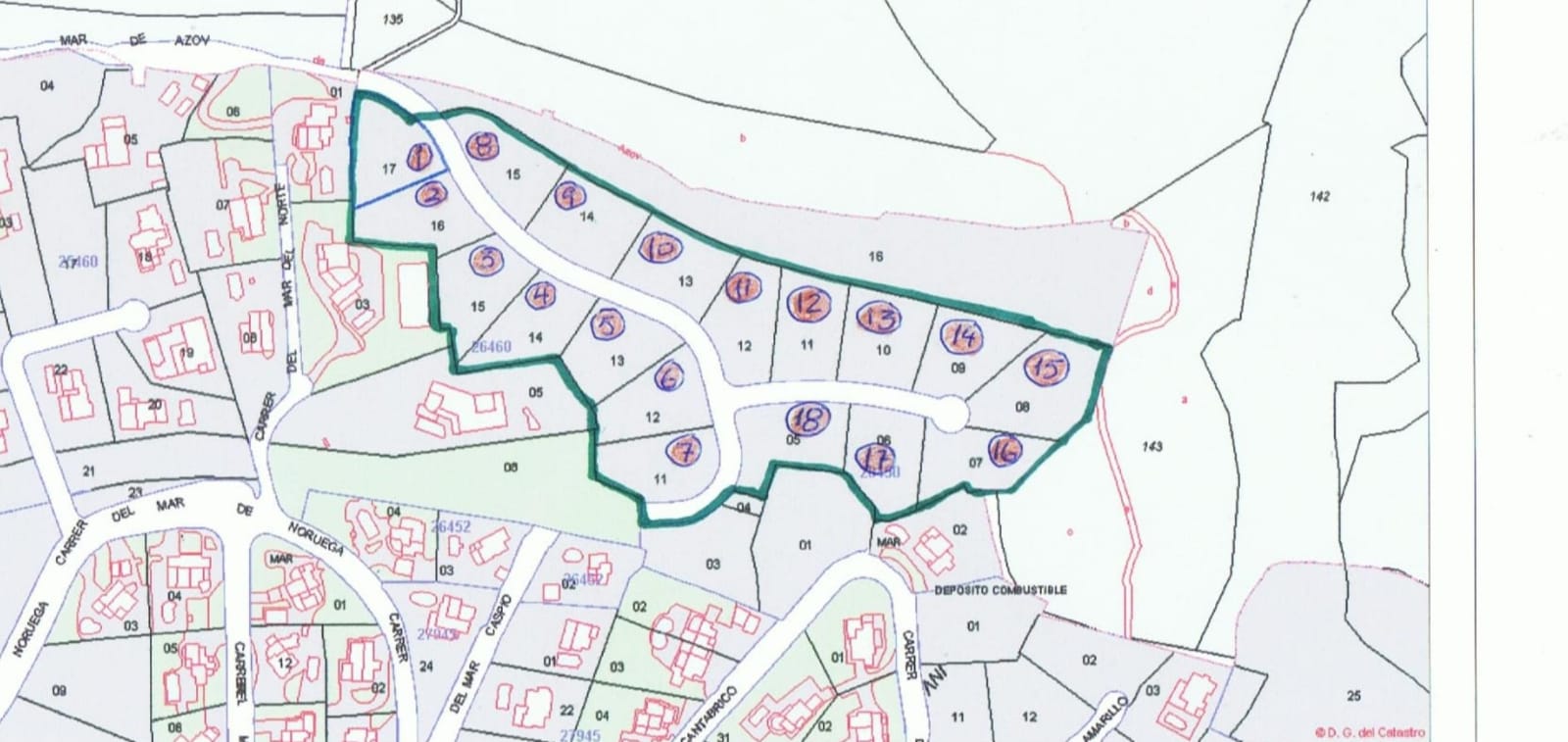 Gedetailleerde kadastrale kaart met de technische indeling van percelen 11 tot 17, gemarkeerd met een groene rand en omliggende straatnamen.