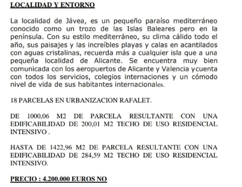 Technisch informatiedocument met details over de locatie in Jávea en de bouwspecificaties voor 18 woonpercelen in Urbanización Rafalet.