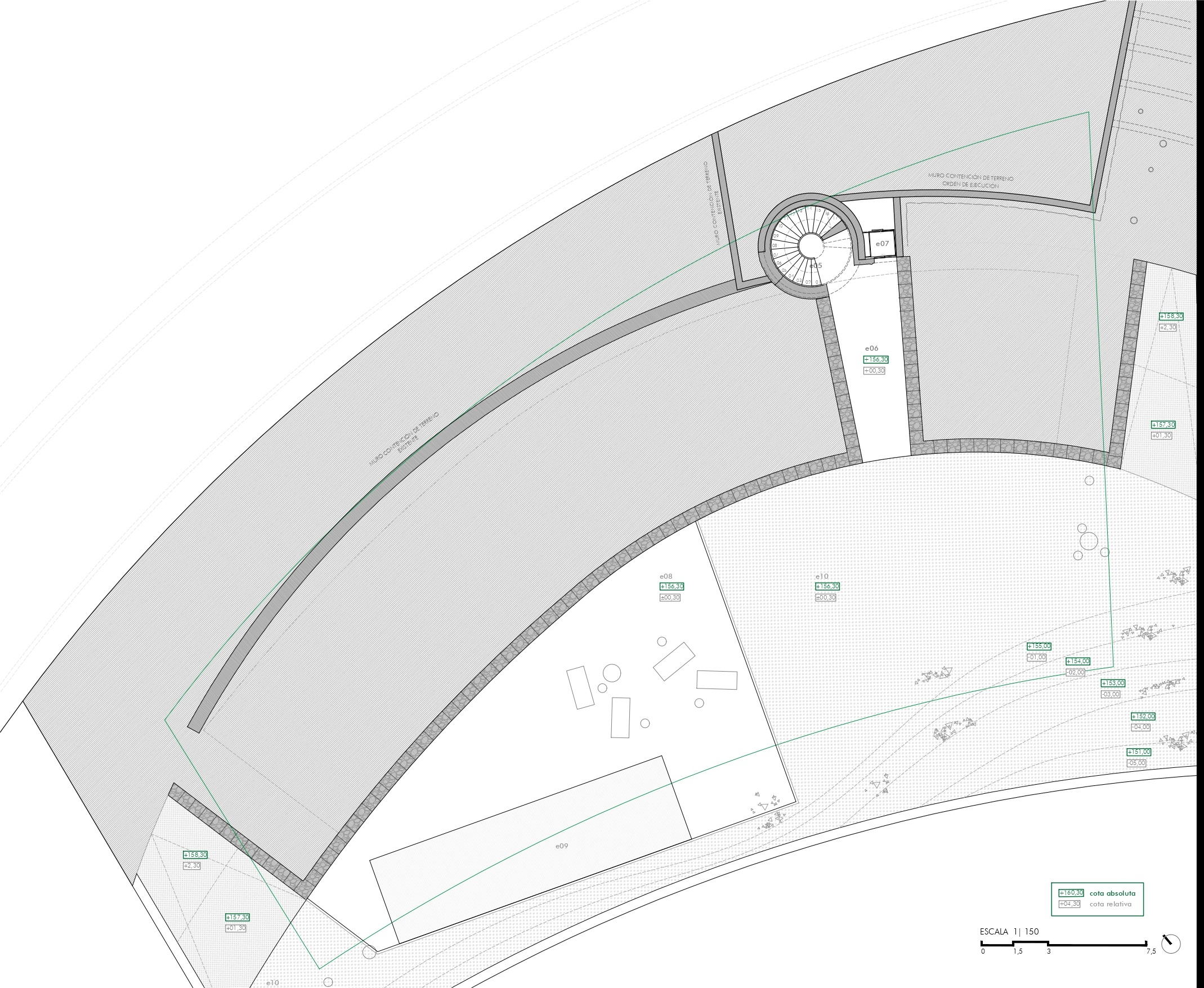 Gedetailleerd architectonisch inrichtingsplan van een gebogen terras met zwembad, buitenmeubilair en een in het terrein geïntegreerde wenteltrap.