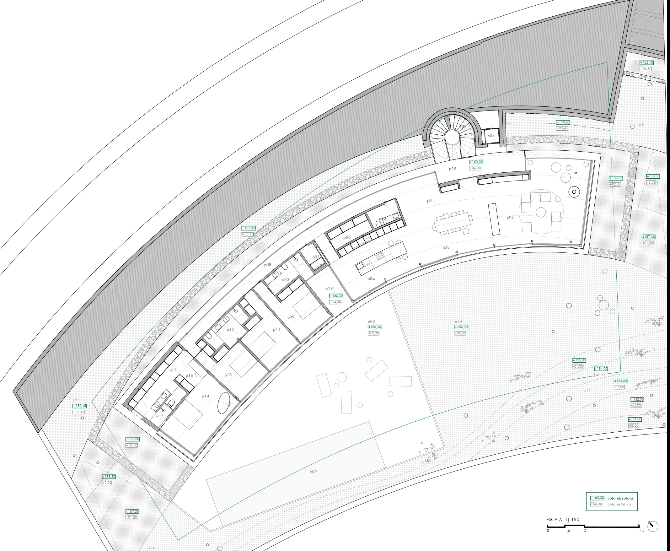 Gedetailleerde architecturale plattegrond van een gebogen woningindeling met geïntegreerde leefruimtes, vier slaapkamers met eigen badkamers en een centrale wenteltrap.