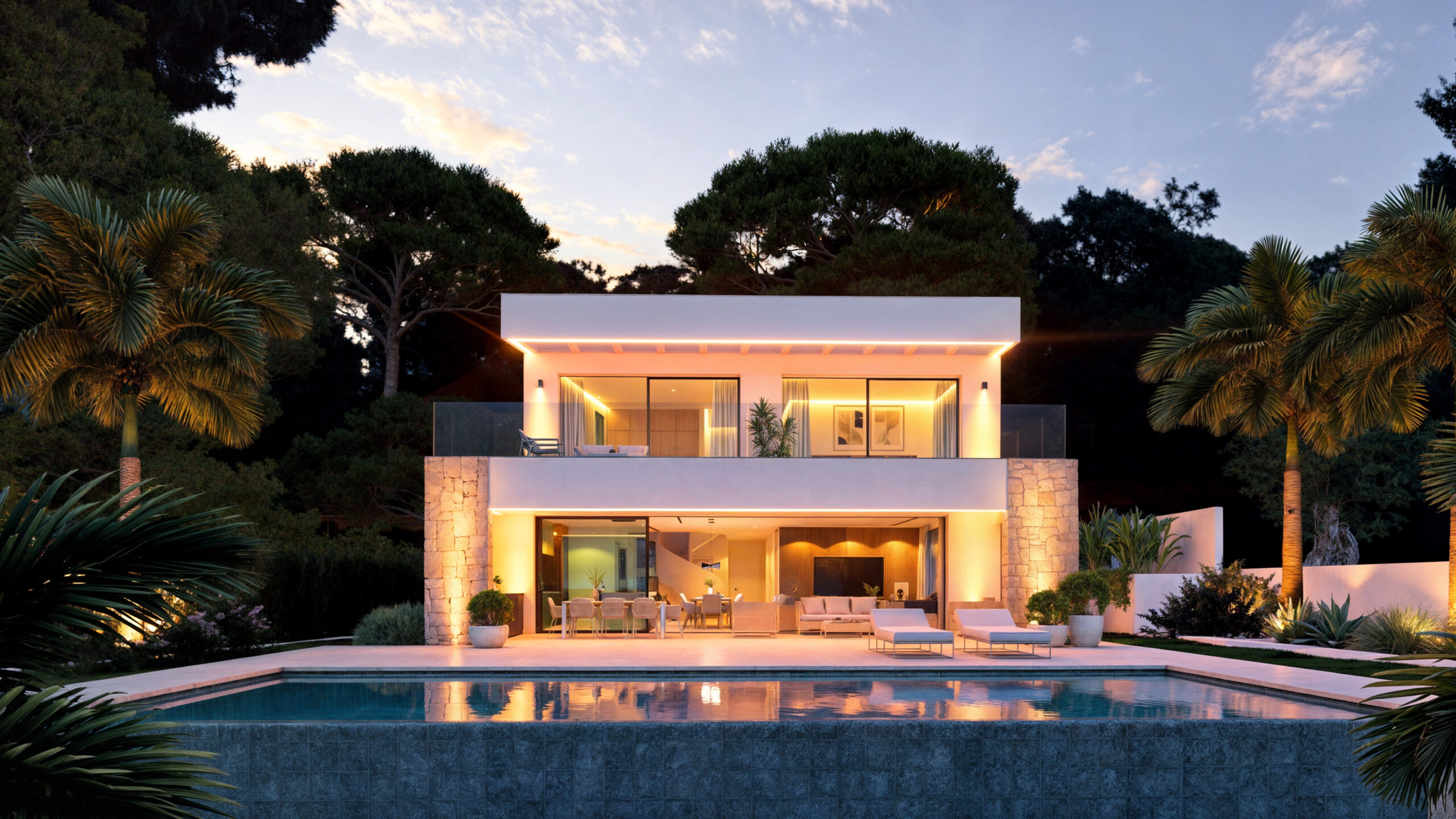 Moderne villa met twee verdiepingen, witte gevel met stenen accenten, een overloopzwembad en geïntegreerde ledverlichting onder de dakranden.