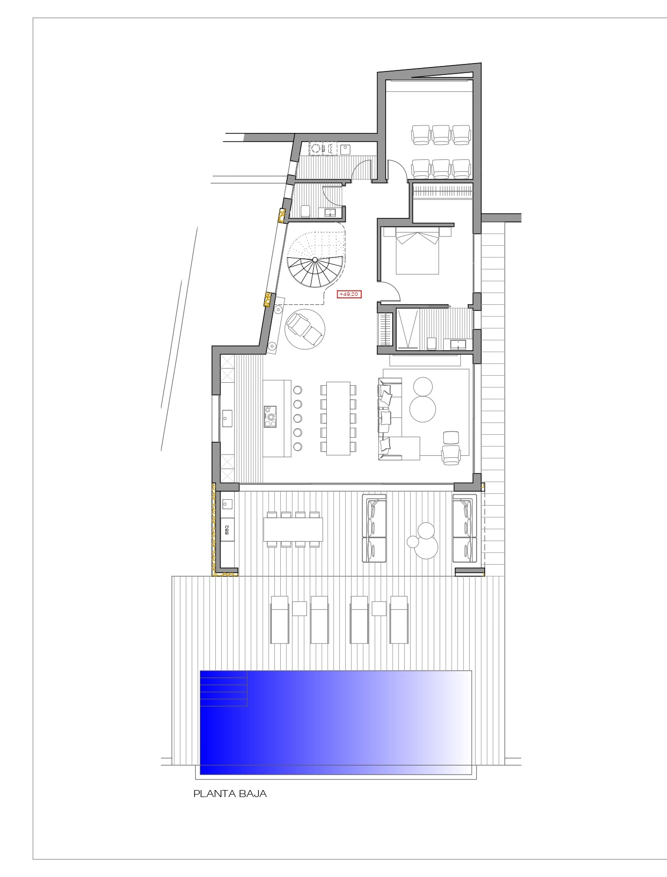 Technische plattegrond van de begane grond met een open woonruimte, keuken met kookeiland, privébioscoop, slaapkamer en-suite en een ruim terras met zwembad.