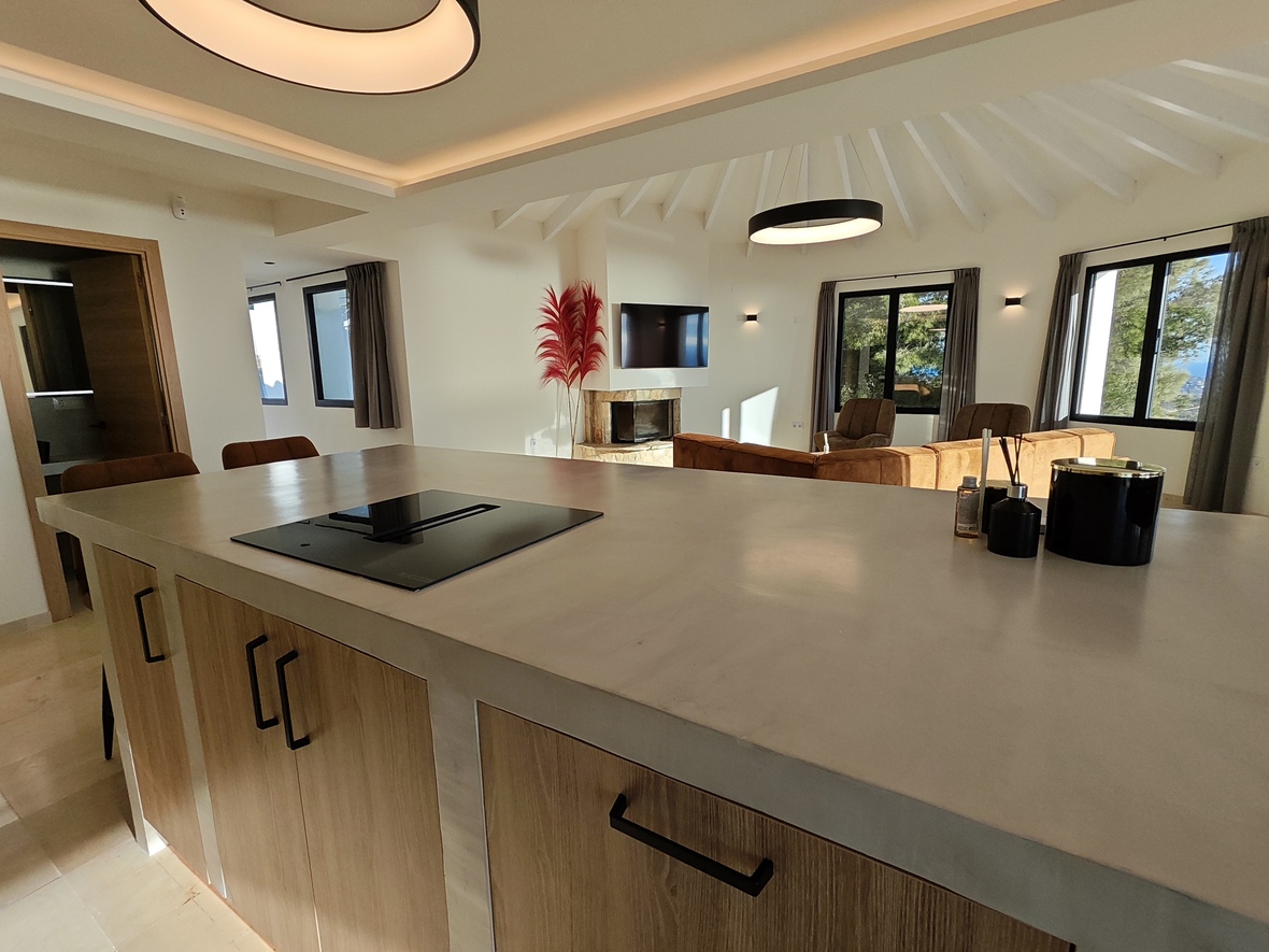Moderne open keuken met een kookeiland voorzien van een inductiekookplaat, grenzend aan een woonkamer met wit balkenplafond en een stenen open haard.