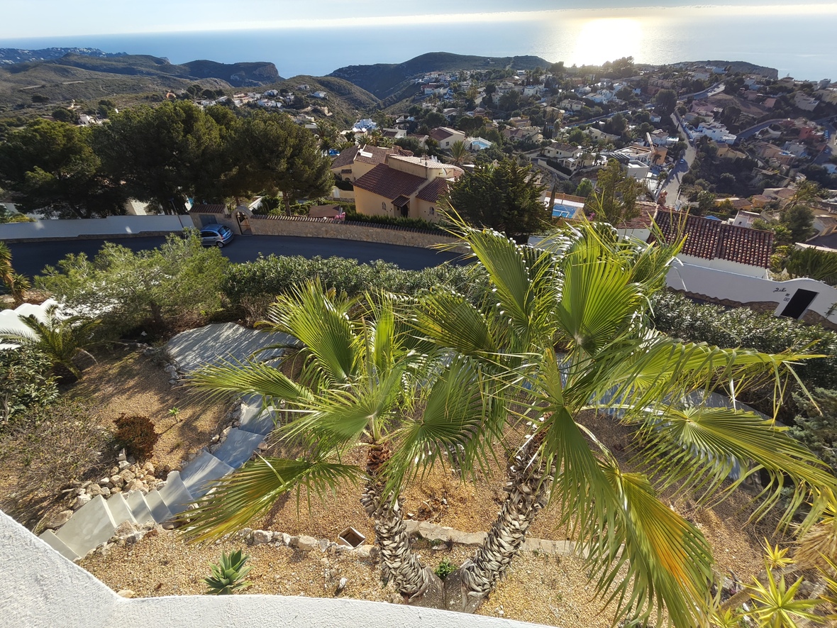 Verhoogd uitzicht vanaf het terras op een mediterrane tuin met palmbomen, stenen trappen en panoramisch uitzicht op de kustlijn en de zee.