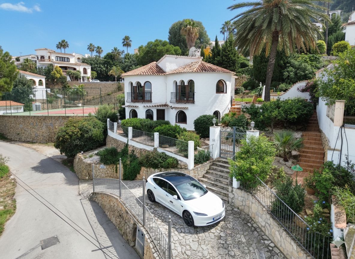 Exterieur van een mediterrane villa met twee verdiepingen, boogvensters, terracotta dak en een stenen oprit met toegangspoort en volgroeide tuin.