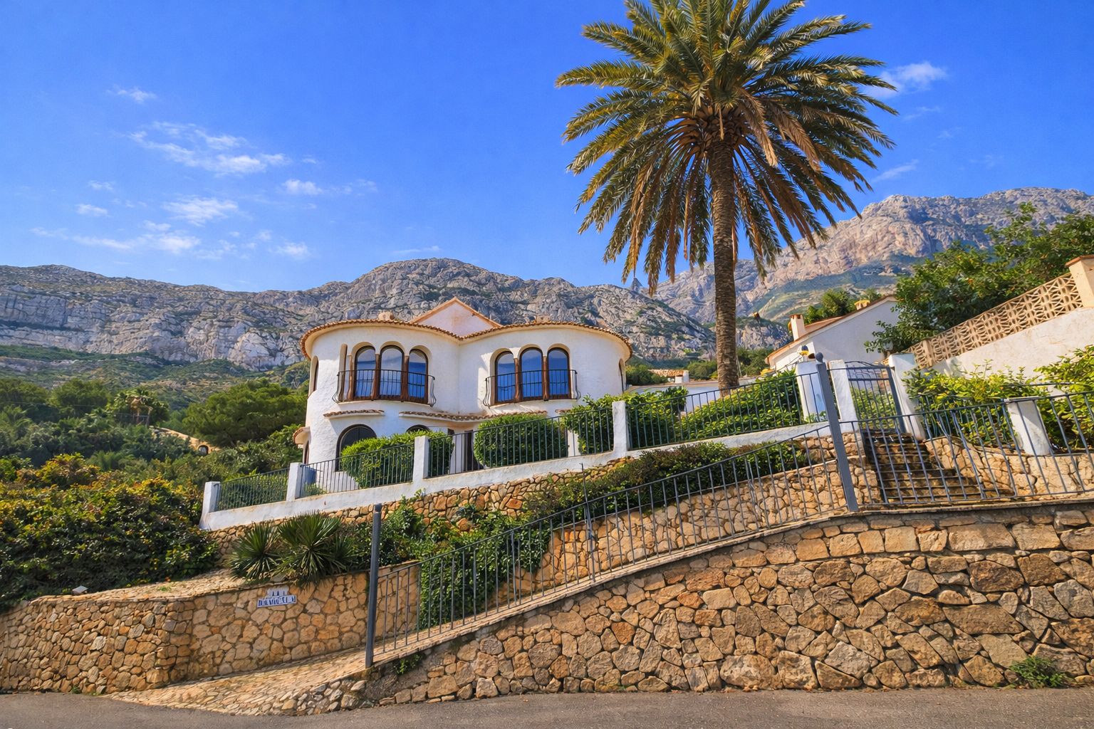 Exterieur van een witte mediterrane villa met boogvensters en natuurstenen muren, gelegen tegen een bergachtig landschap met een karakteristieke palmboom.