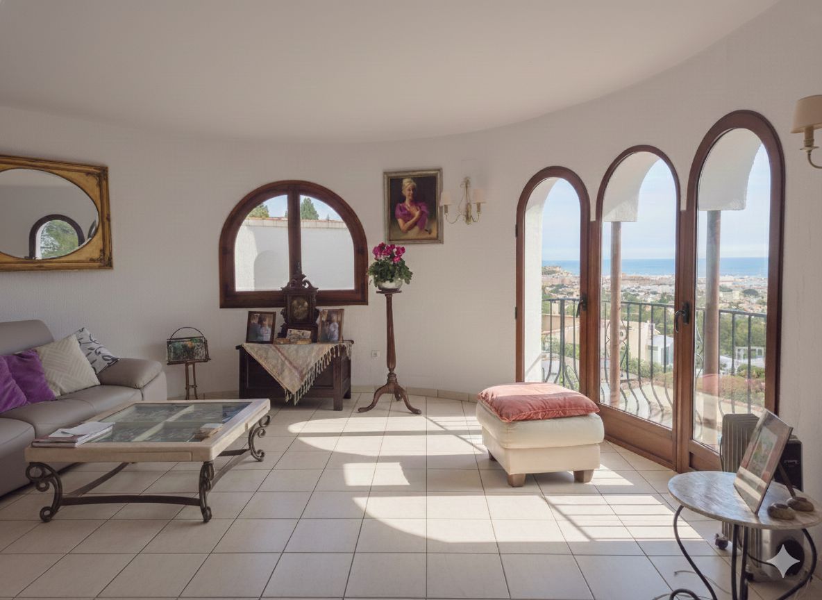 Lichte woonkamer met drie halfronde openslaande deuren, panoramisch uitzicht op zee, tegelvloer en klassiek meubilair.