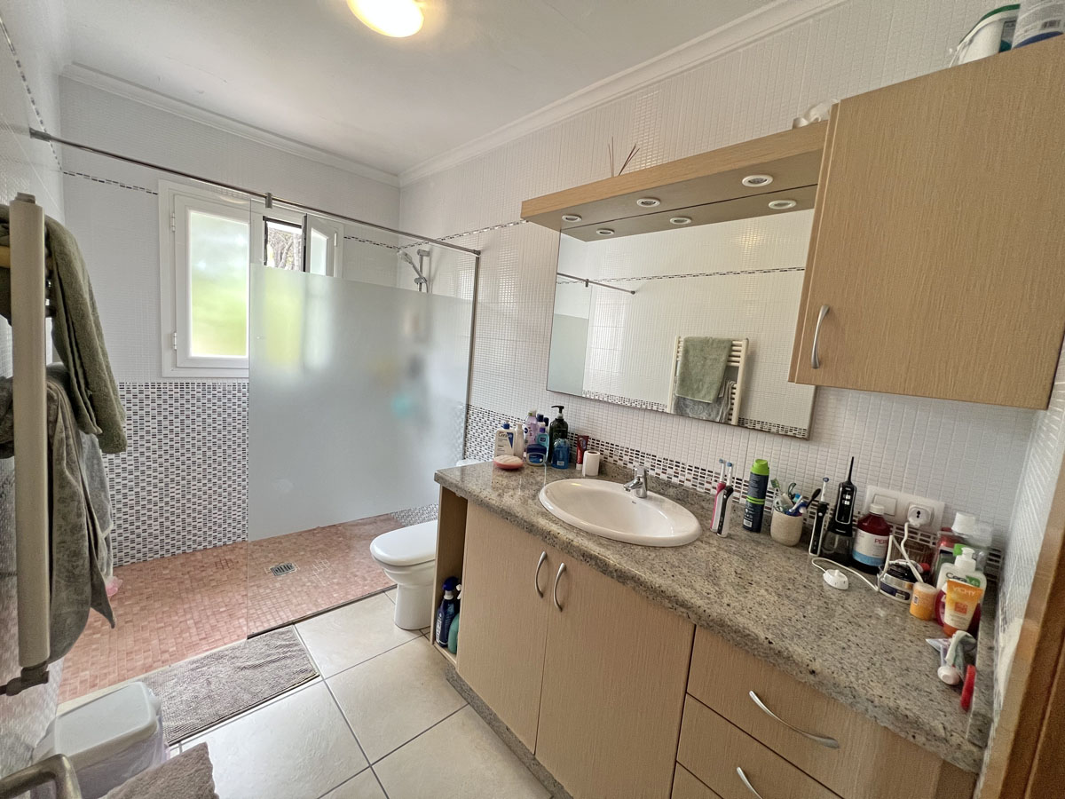 Badkamer met granieten aanrechtblad, houten kasten en een spiegel met inbouwspots. Voorzien van een inloopdouche met matglazen wand en een raam voor daglicht.