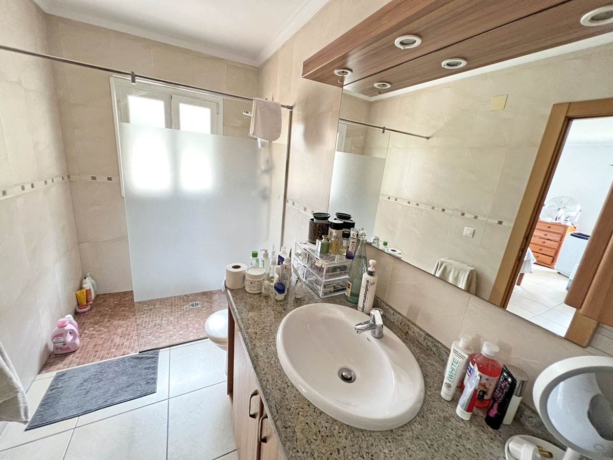 Badkamer met granieten aanrechtblad, ovale wastafel en spiegel met inbouwspots. Voorzien van een inloopdouche met matglazen wand en mozaïekvloer.