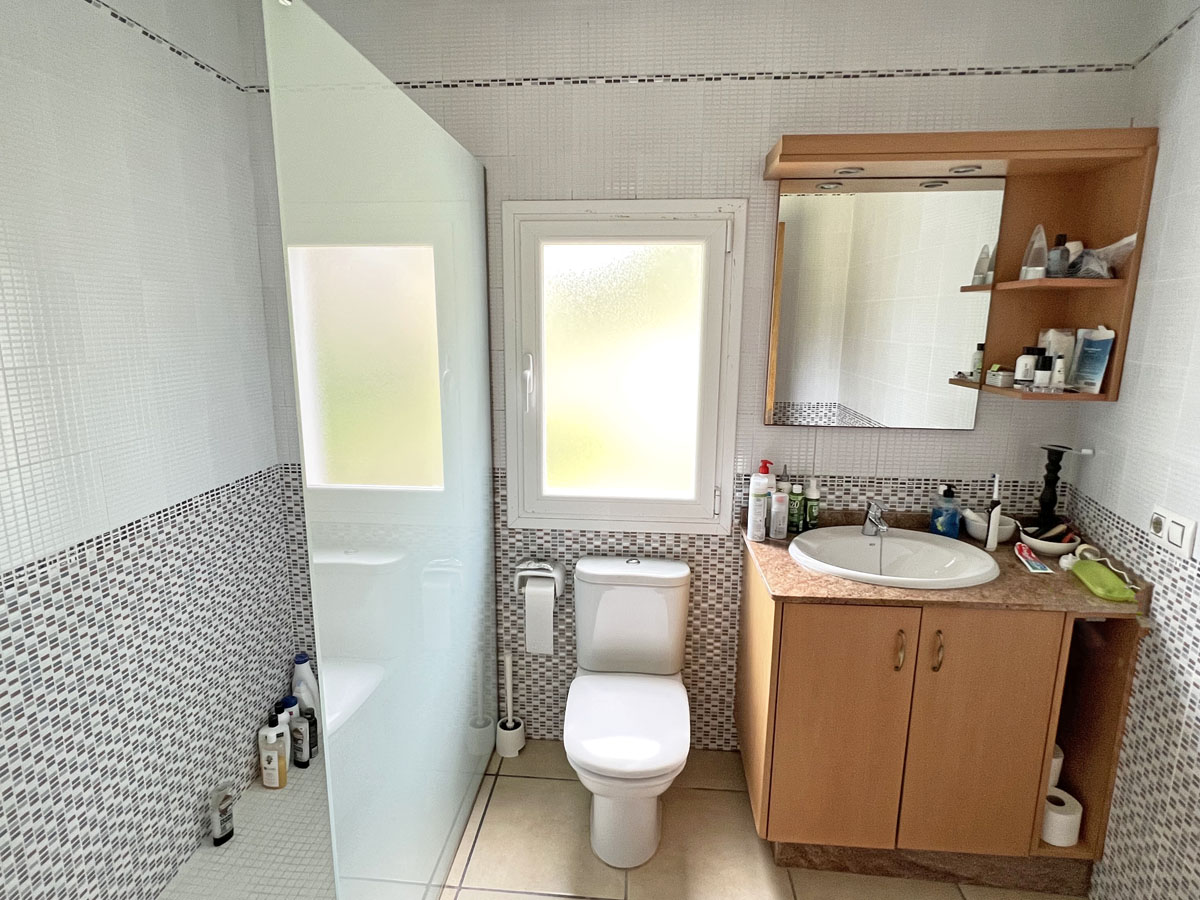Functionele badkamer met inloopdouche, matglazen wand, houten wastafelmeubel en wanden afgewerkt met decoratieve mozaïektegels.