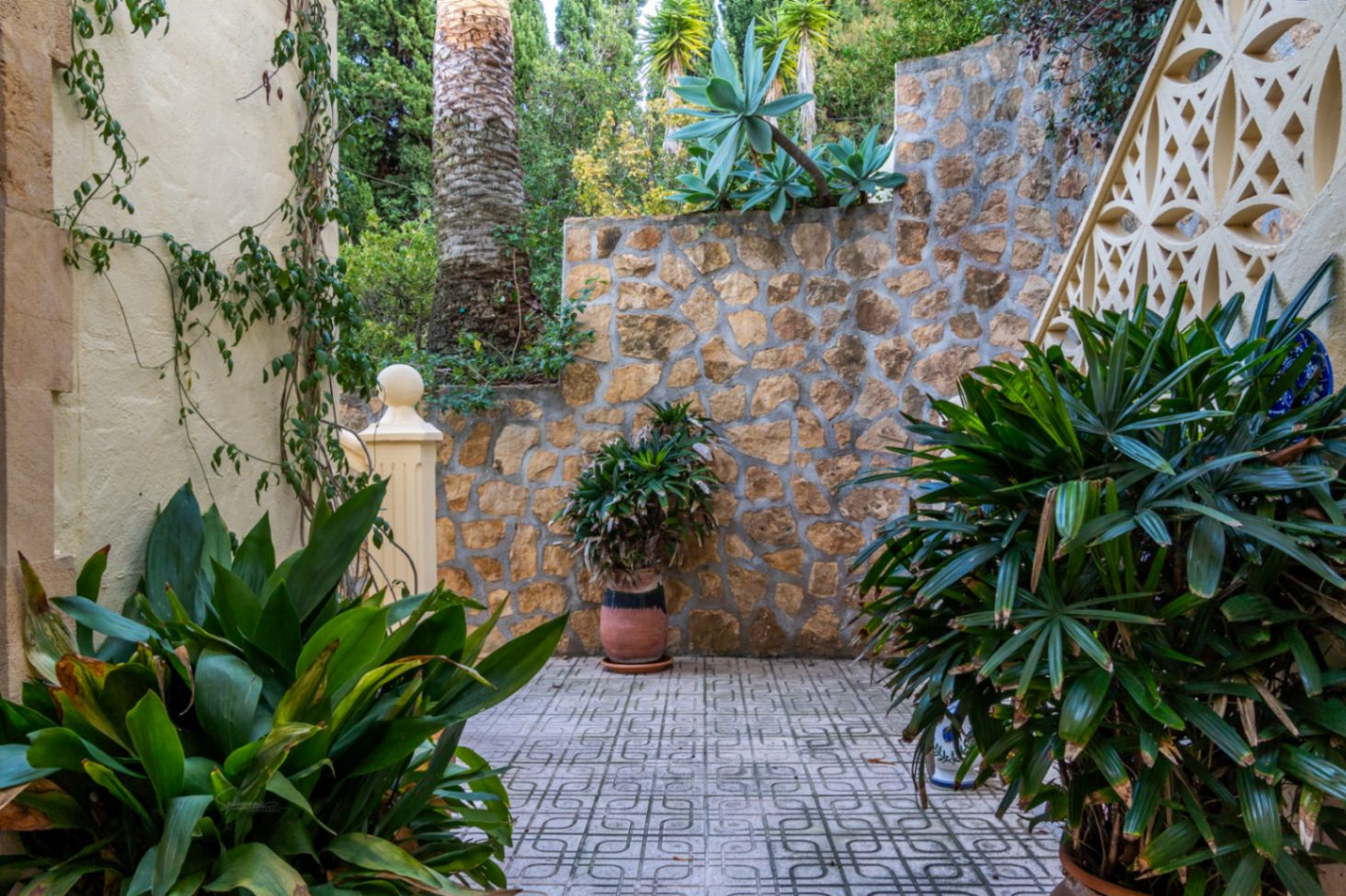 Buitenpatio met gedecoreerde keramische tegels, natuurstenen muren en een selectie van mediterrane planten en palmbomen.
