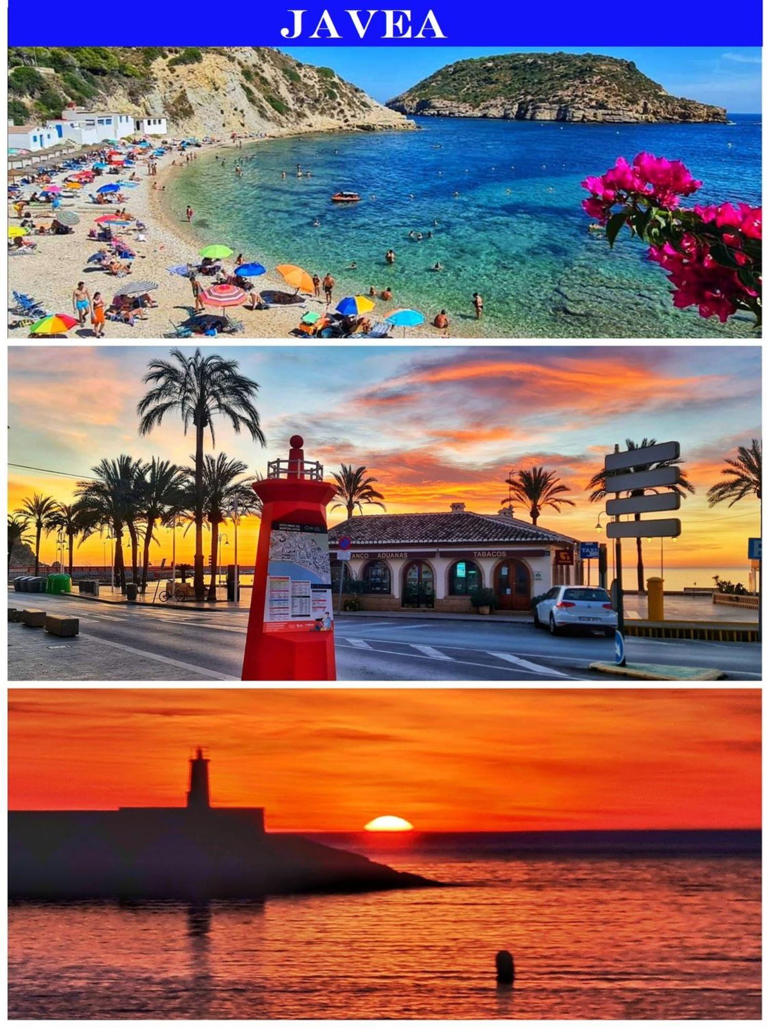 Collage van Jávea met Cala Portichol en turquoise water, zonsondergangen boven de haven en het silhouet van de vuurtoren aan de Middellandse Zee.