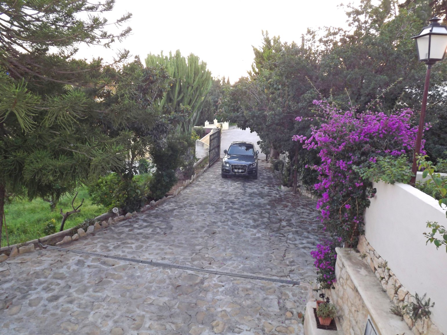 Privé-oprit met natuurstenen bestrating, omzoomd door volwassen mediterrane beplanting, bougainville en een omheining van witte muren met natuurstenen details.