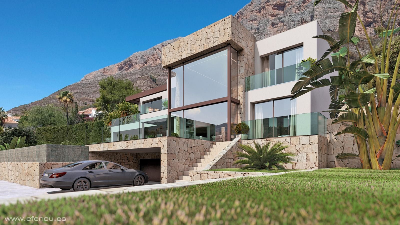 Moderne villa met natuurstenen gevel, kamerhoge raampartijen en een ondergrondse garage, gelegen aan de voet van de Montgó berg in Jávea.