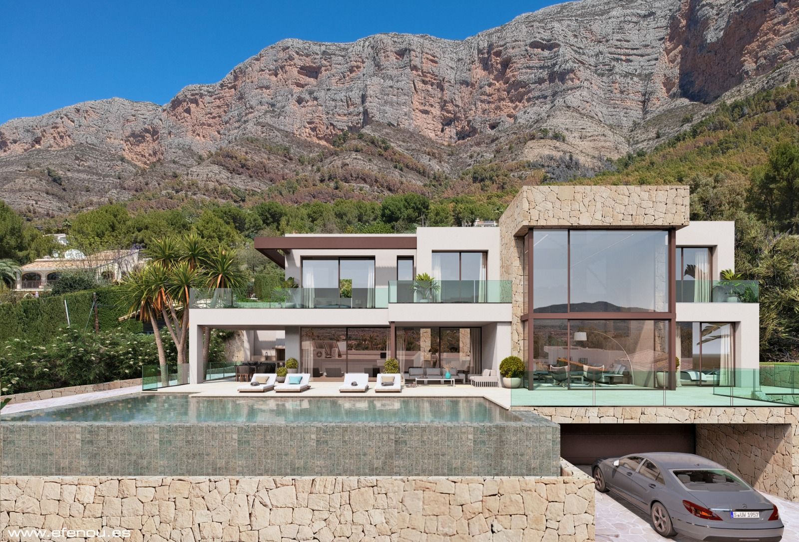 Moderne villa met natuurstenen muren, een overloopzwembad en kamerhoge ramen met uitzicht op de Montgó-berg in Jávea.