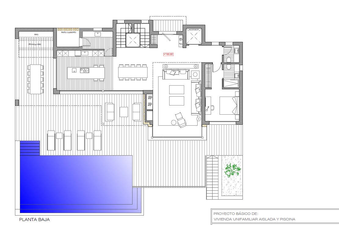 Technische plattegrond van de begane grond met open keuken, woonkamer, slaapkamer en-suite en het riante buitenterras met zwembad.