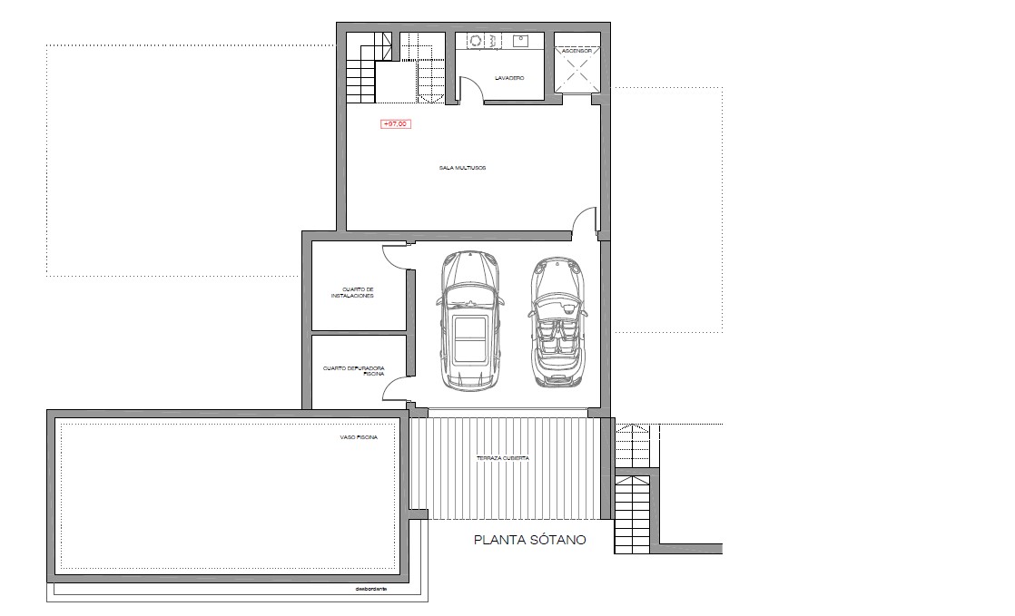 Technische plattegrond van de kelderverdieping met een dubbele garage, multifunctionele ruimte, wasruimte, technische ruimtes en liftvoorziening bij het zwembad.
