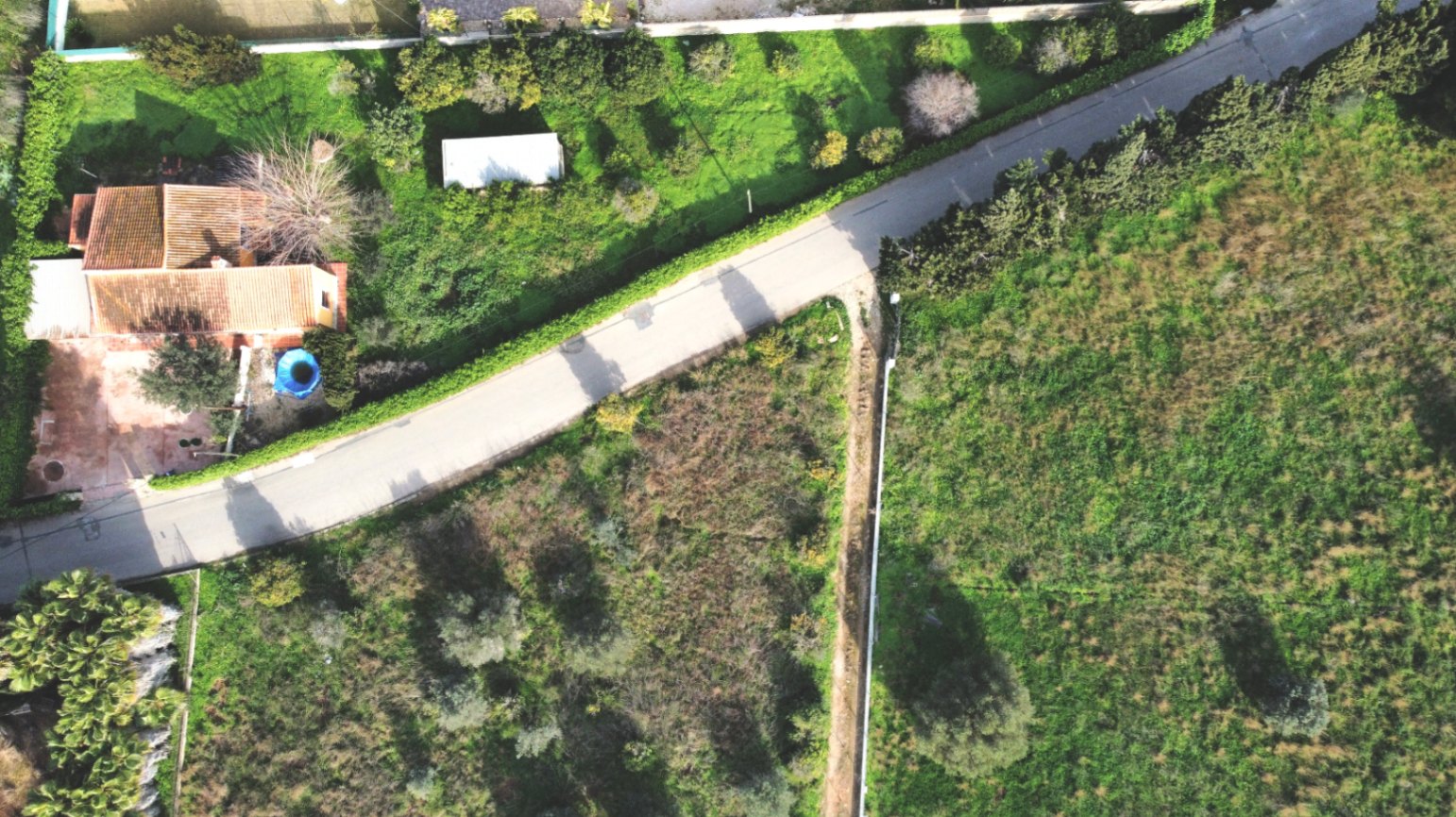 Luchtfoto van de vrijstaande woning, het grote perceel van 1.414 m² met fruitbomen en de omliggende landelijke omgeving.