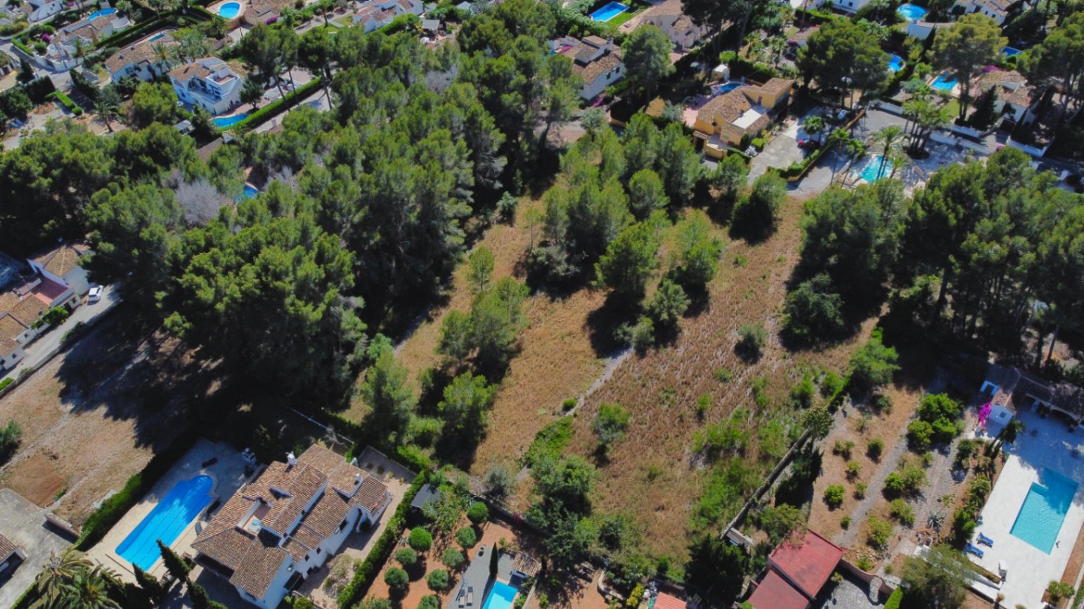 Luchtfoto van een groot vlak perceel omgeven door volwassen pijnbomen en gevestigde residentiële villa's met privézwembaden in Jávea.