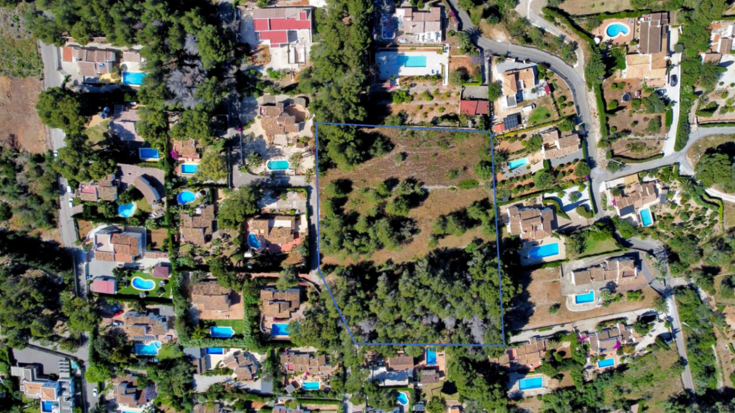 Luchtfoto van het grote, vlakke perceel met blauwe omlijning, waarop de natuurlijke begroeiing en de ligging tussen de villa's in een woonwijk in Jávea te zien is.