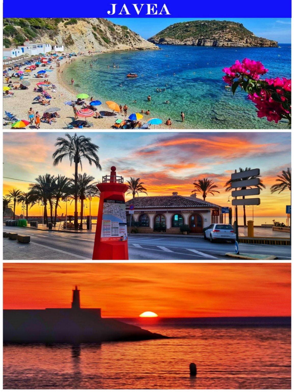 Collage van Jávea met een baai met turquoise water, een zonsondergang in de haven met palmbomen en het silhouet van een vuurtoren boven de zee.