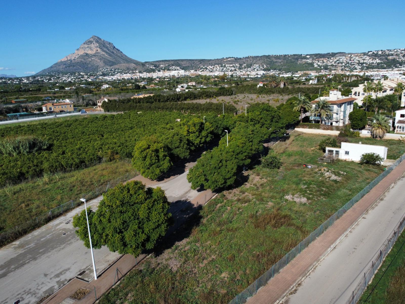 Luchtfoto van het bouwperceel in Jávea, met verharde toegangswegen, volwassen bomen en de karakteristieke Montgó-berg op de achtergrond.
