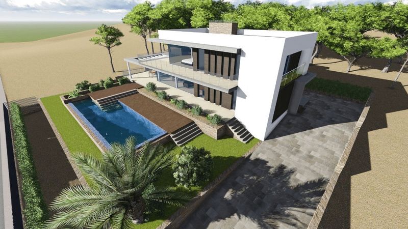 Bovenaanzicht van de moderne witte architectuur met een rechthoekig zwembad, houten terras en aangelegde tuin met stenen oprit.