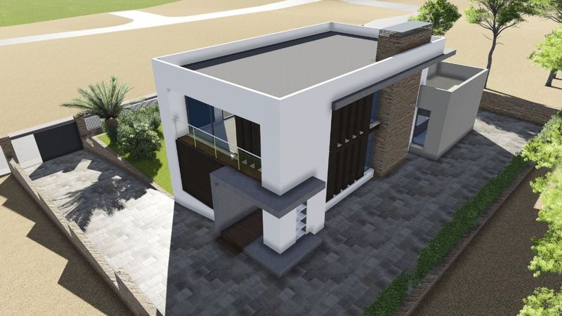 Luchtfoto van de moderne villa met plat dak, witte gevel met natuursteenaccenten, donkere verticale lamellen en een bestrate oprit.