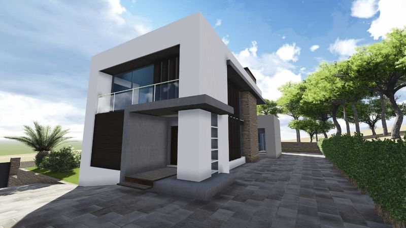 Modern exterieur met witte geometrische gevel, steenaccenten, glazen balkon en een grijs geplaveide entree omgeven door mediterrane pijnbomen.