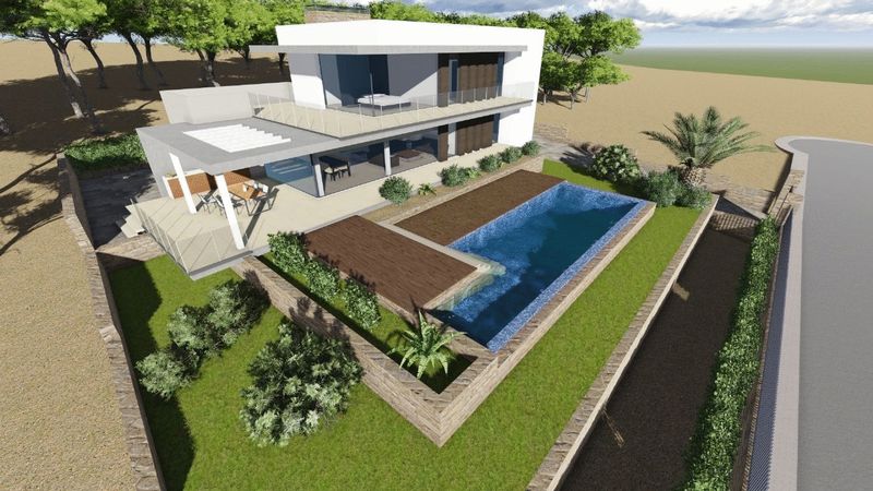 Moderne villa met twee verdiepingen, voorzien van een rechthoekig zwembad, houten vlonders, overdekt terras en tuin met natuurstenen muren.