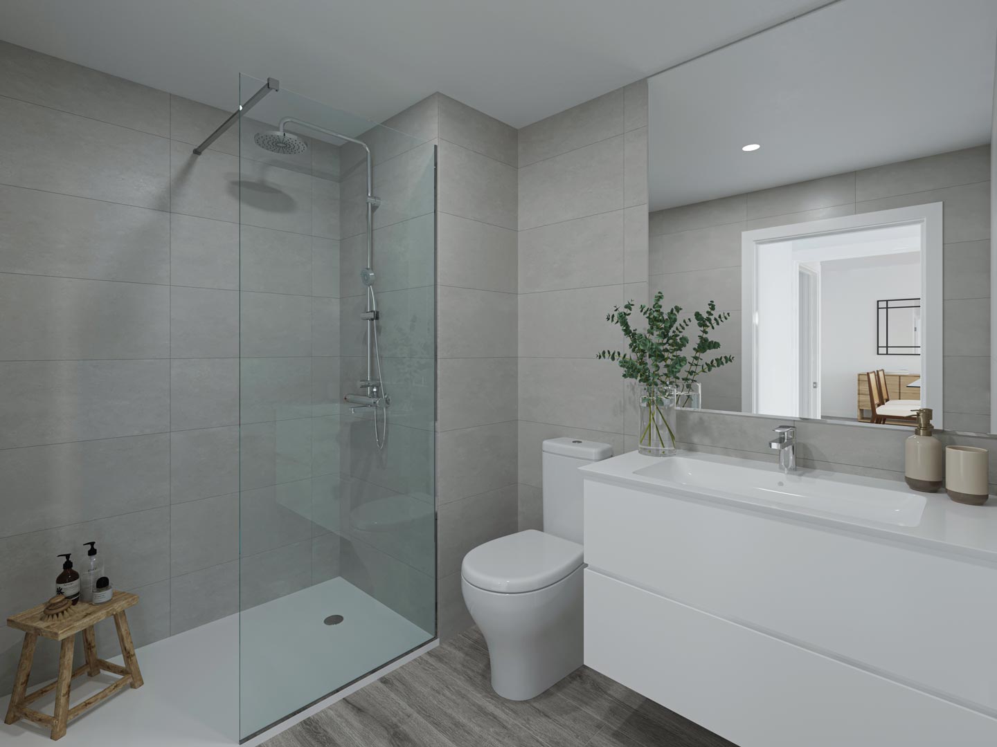 Moderne badkamer met inloopdouche, glazen wand, grijze wandtegels, wit zwevend wastafelmeubel en een vloer met realistische houtlook.