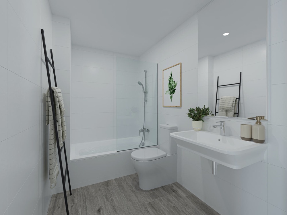 Moderne badkamer met witte wandtegels, houtlook vloer, een ligbad met glazen wand en een zwevende wastafel met strakke armaturen.