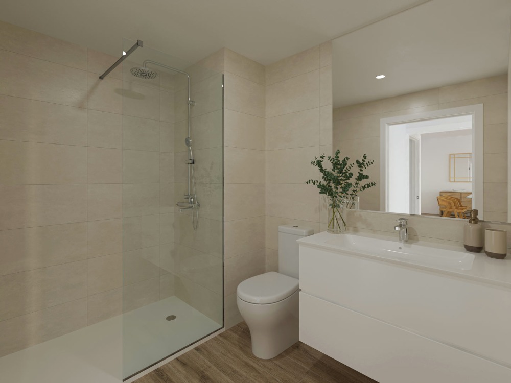 Moderne badkamer met inloopdouche, glazen wand, zandkleurige tegels en een wit zwevend wastafelmeubel.