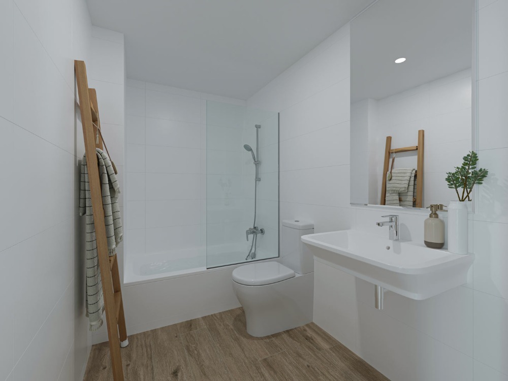 Moderne badkamer met witte tegelwanden, ligbad met glazen wand, hangende wastafel en porseleinen vloer met houteffect.