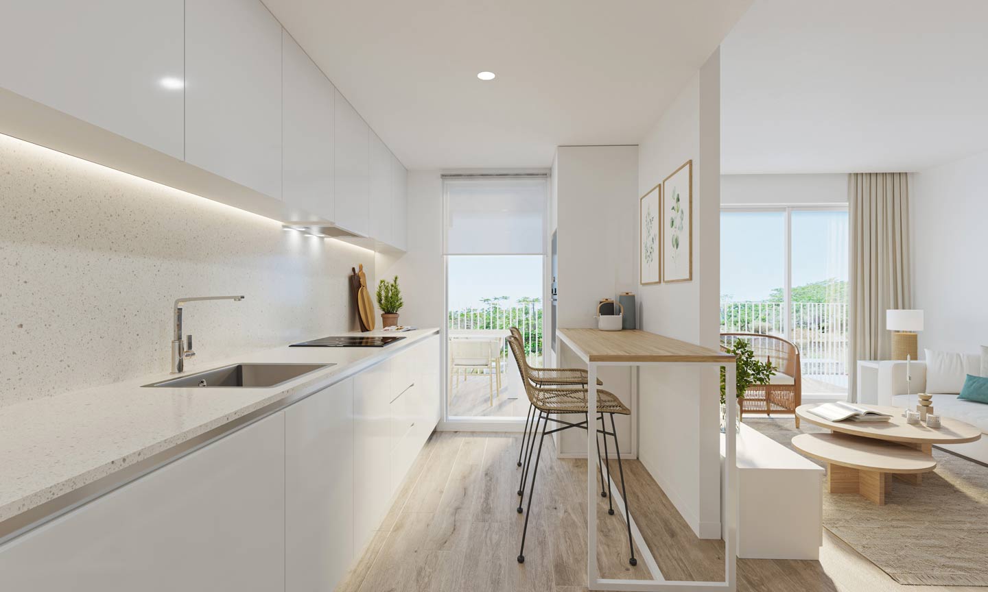 Moderne lineaire keuken met greeploze witte kasten, een stenen werkblad met LED-verlichting en een houten ontbijtbar met gevlochten krukken.