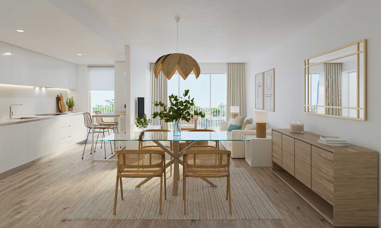 Open woonruimte met een glazen eettafel, rotan stoelen, een strakke witte keuken en een lichte houtstructuur vloer die profiteert van natuurlijk licht.