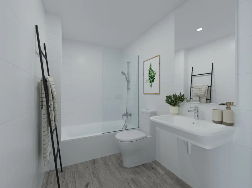 Moderne badkamer met witte wandtegels, een ligbad met glazen douchescherm, houtlook vloer en een zwevende wastafel met chromen kranen.