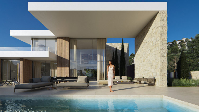 Exterieur van een moderne villa met een groot overkragend dak, natuurstenen muren en een infinity zwembad geïntegreerd met kamerhoge glasgevels.