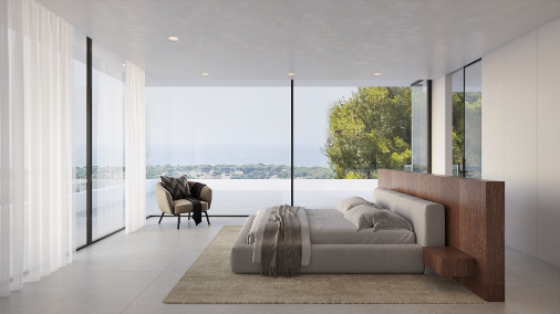 Master suite met kamerhoge glazen wanden en panoramisch zeezicht, voorzien van een houten hoofdbord en een minimalistische inrichting.